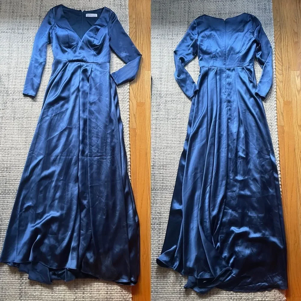 Mac Duggal Blue Satin V Neck Long Sleeve Pleated Gown 4 - Picture 2 of 5